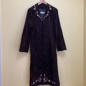 Michael Hoban Ezza Vintage Brown Leather Floral Embroidered Duster Trench Coat 4